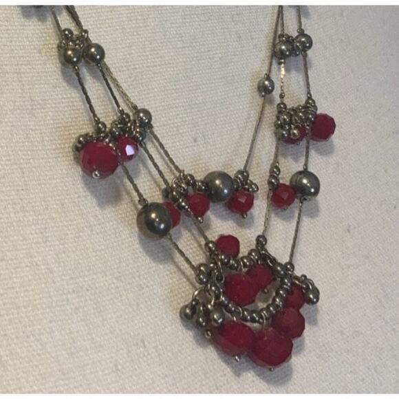 Red Beaded Silver Tone Multi Strand Necklace - Picture 3 of 11